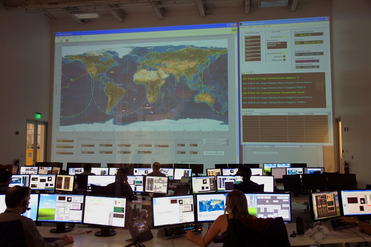 Team working in an operations centre with a large wall display